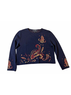 St John Sport Marie Gray Paisley Knit Sweater Navy Long Sleeve M